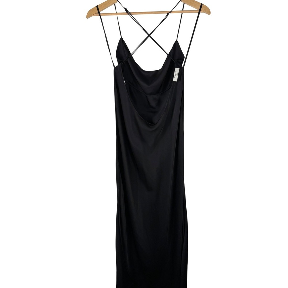 Aritzia Babaton Astaire Satin Slip Dress Womens L Black Strappy Cowl Neck Midi
